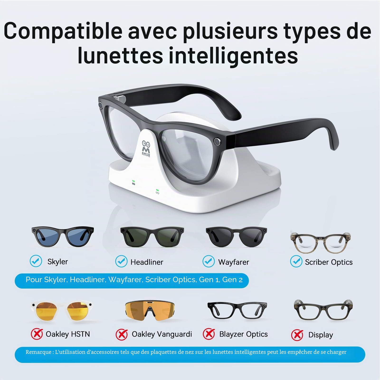 AMVR Station de chargement magnétique 2 en 1 compatible avec Ray Ban Meta Wayfarer/Skyler/Headliner Smart Glasses Case Accessoires, chargeur avec indicateur LED