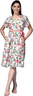 ZELENA Shirt Dress for Women | 100% Cotton Maternity & Nursing Wear with Button Closure and Belt | Below Knee Length Dress... Price In India