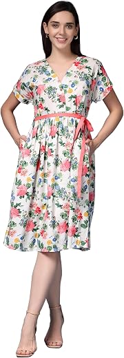 ZELENA Shirt Dress for Women | 100% Cotton Maternity &amp; Nursing Wear with Button Closure and Belt | Below Knee Length Dress...