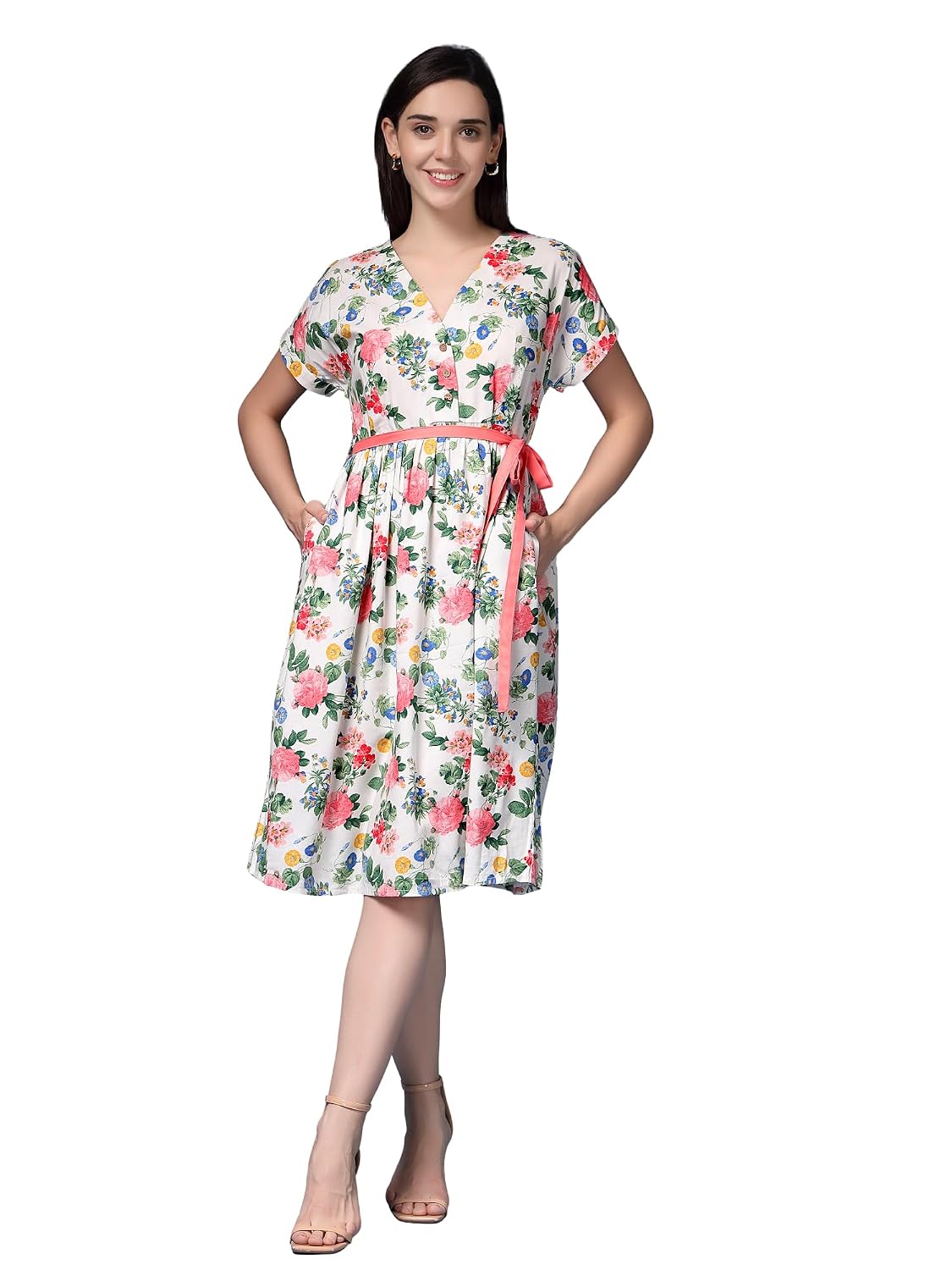 ZELENA Shirt Dress for Women | 100% Cotton Maternity & Nursing Wear with Button Closure and Belt | Below Knee Length Dress...