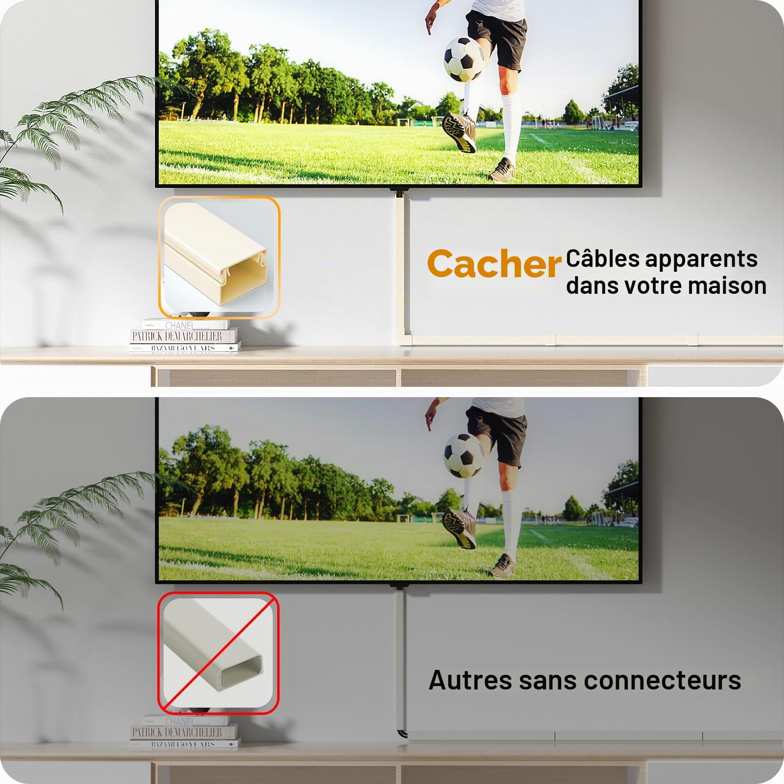 Delamu 4M Goulotte Passe Cable Murale Autocollante, Cable Management, Cache Cable Fils Goulotte Electrique pour TV & Bureau, 10 pièces, L400mm x W24mm x H14mm, ‌Beige
