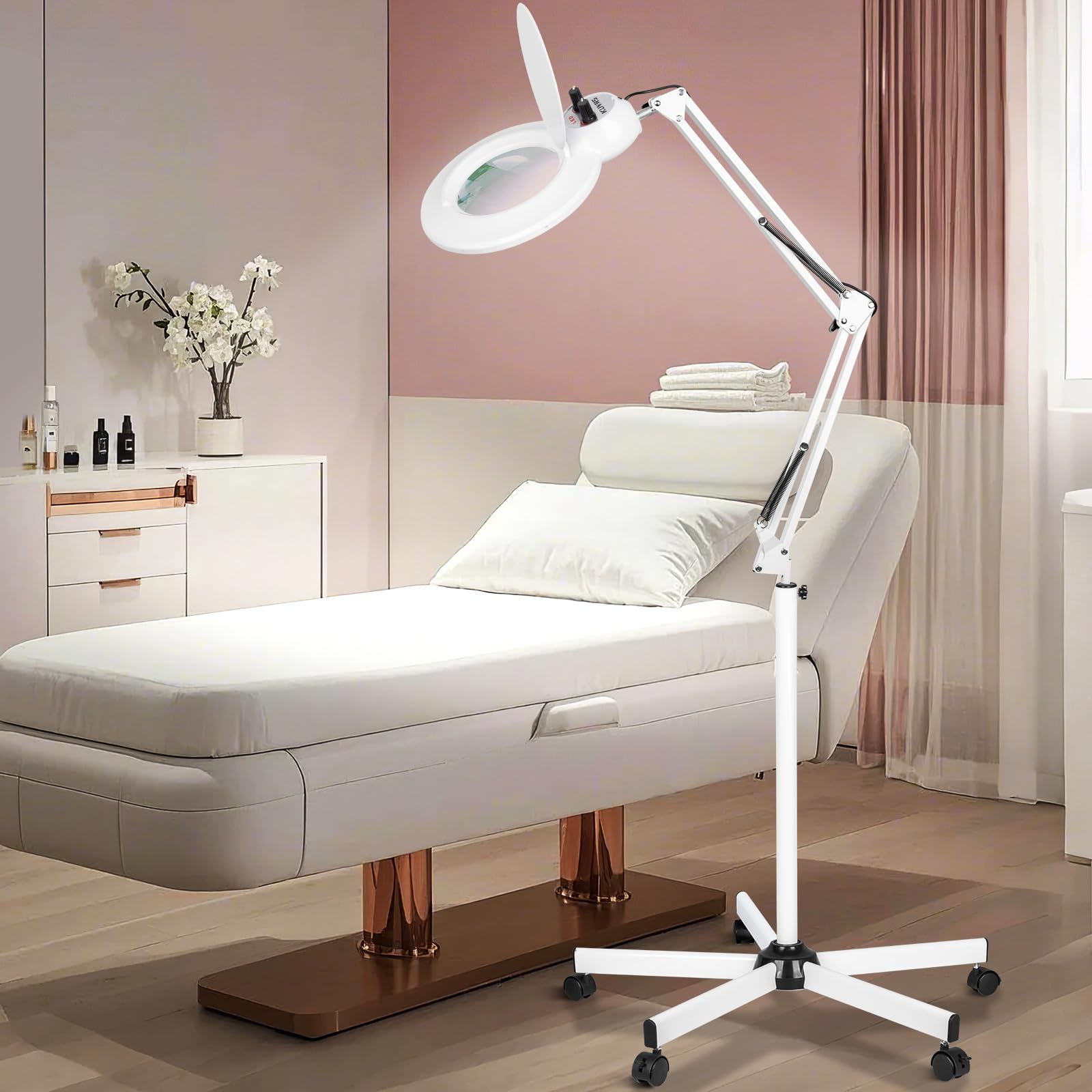 KUVRS 10X Magnifying Floor Lamp with Light, 5 Wheel Rolling Base Esthetician Light, 2200 Lumens Infinite Warm & Cold Dimming LED Magnifier, Standing Mag Lamp for Sewing Drawing Crafts Facial Nail