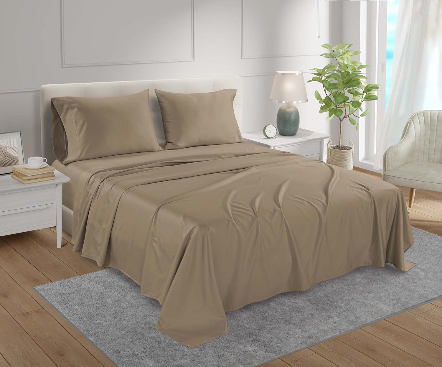 Queen Bed Sheets, Deep Pocket, 100% Cotton Fitted Sheets, Soft & Durable 4 Piece Queen Sheet & Pillowcase Sets, Taupe, Sateen Weave Hotel Sheets Fits upto 18"