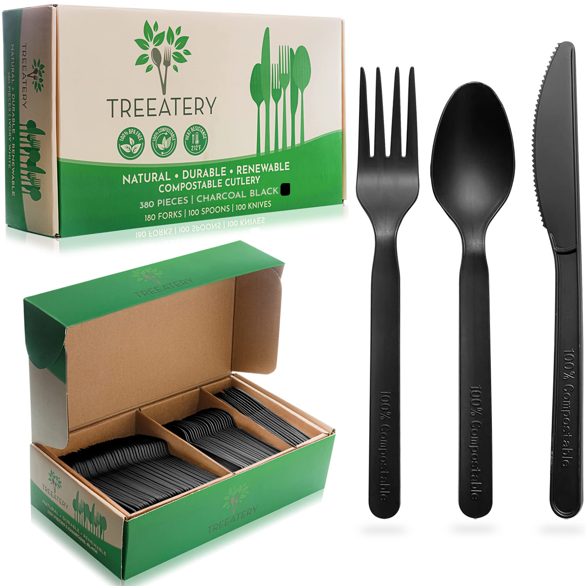 Compostable Cutlery Set, Plant-Based Compostable Utensils Disposable, Dishwasher-Safe Compostable Silverware, 380-Piece Disposable Cutlery, Plant a Tree with Every Box, Charcoal Black