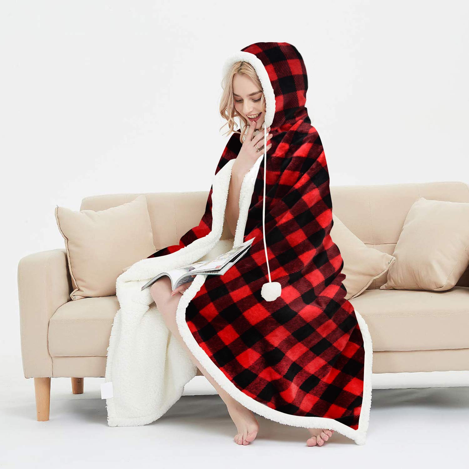 Ehc Unisex Check Hoodie - Red Check Design Super Soft Warm Sherpa Fleece Wearable Hooded Blanket Throw -130 X 180 Cm, Red & Black