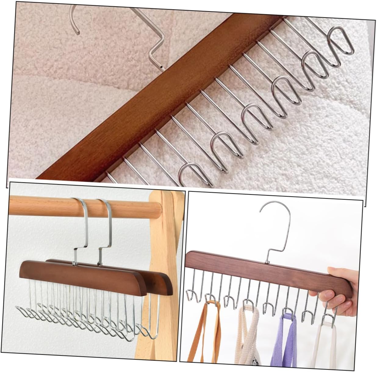 GLEAVI 3pcs Space Saving Hooks Wooden Hanger Closet Organizers for Scarf Tie Belt Lingerie Multi-Functional