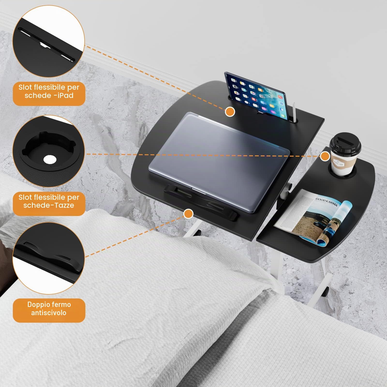 Escritorio plegable negro con altura ajustable y ruedas, soporte portátil inclinable para laptop, ranura para portavasos, mesa de 60 x 40 cm para sala de estar, sofá, mesita de noche