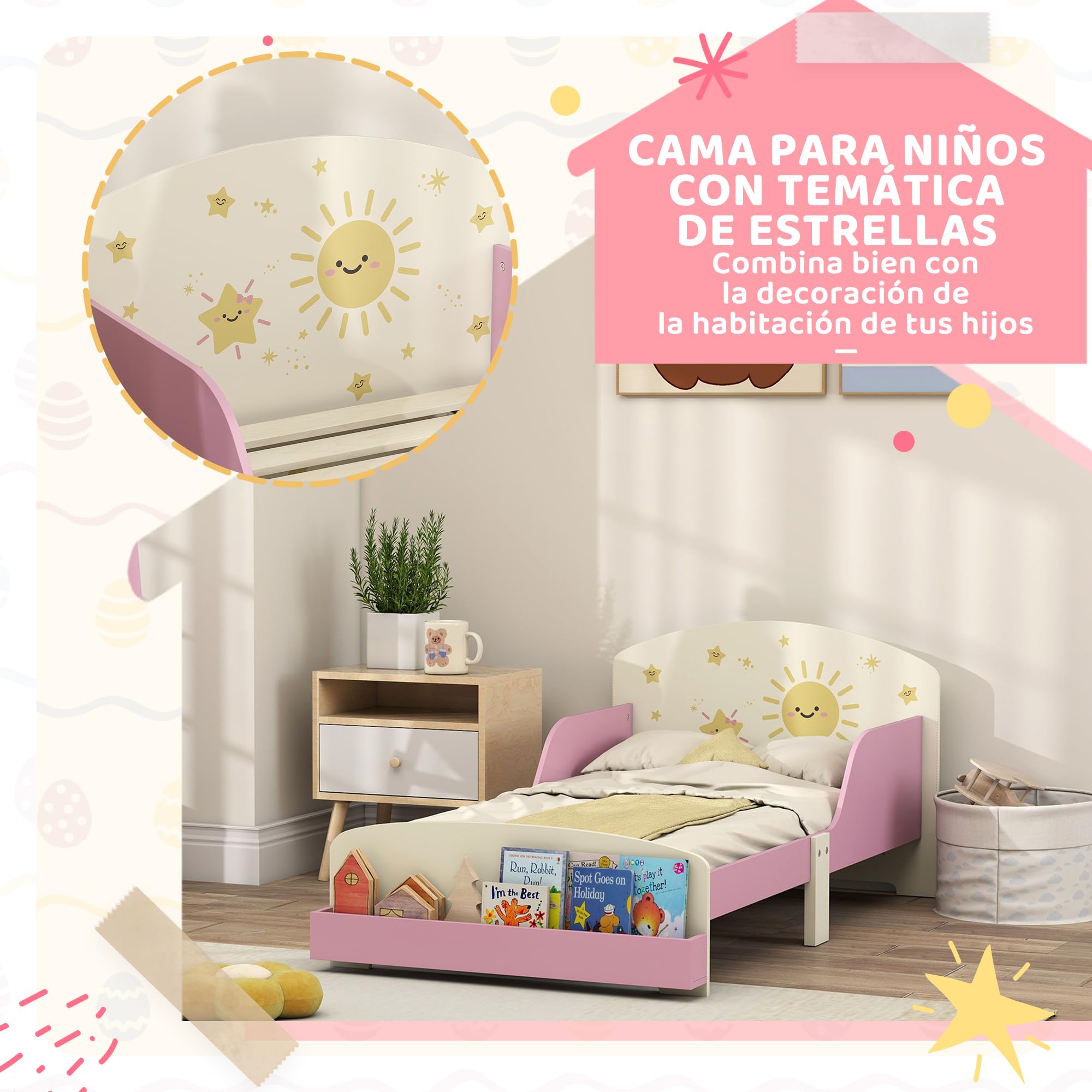AIYAPLAY Cama Infantil 70x140 cm de Madera con Almacenaje Cama para Niños de +3 Años con Protección Anticaída Cabecero en Dibujos de Estrellas Carga 40 kg para Dormitorio Rosa