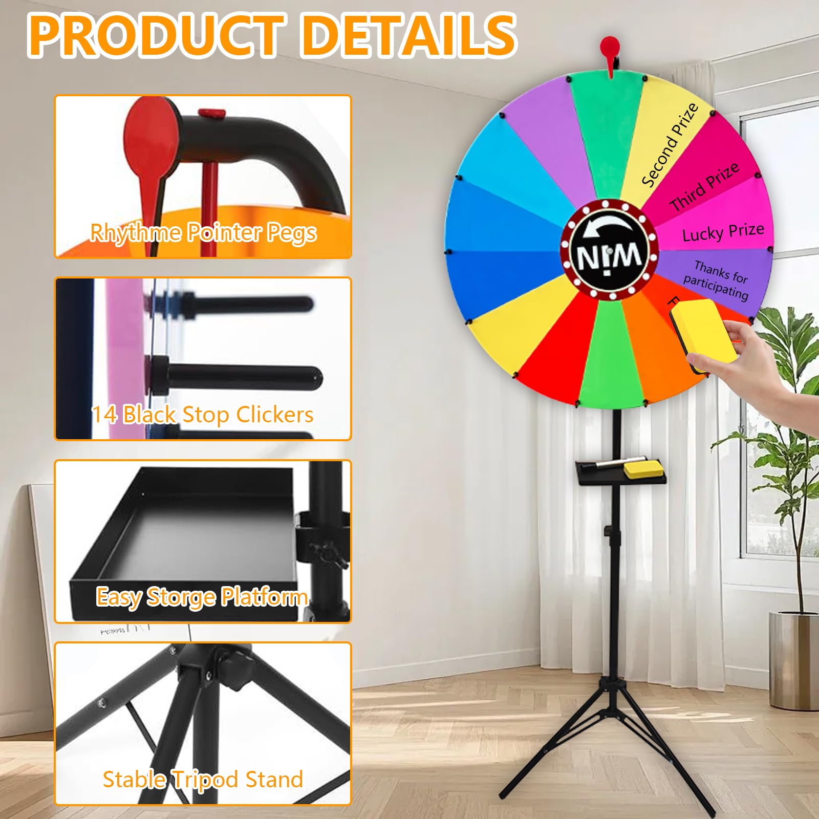 Roue de Fortune 61cm avec Trépied, Roue de Prix 14 Grilles, Hauteur Réglable 100-160 cm, avec Stylo Effaçable, Gomme et Pointeur, Prize Wheel pour Fêtes, Loterie et Activités