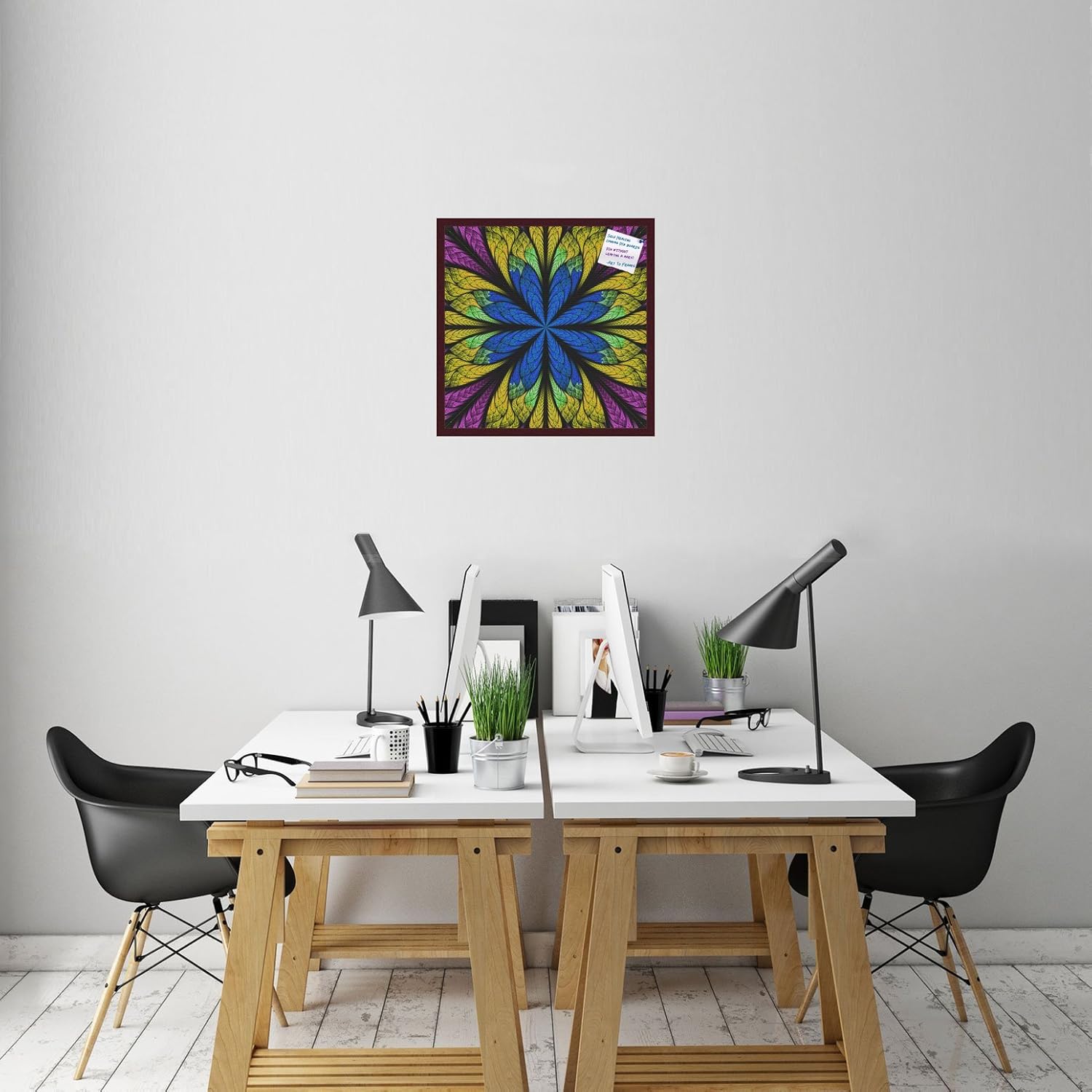 PinPix decorative pin cork bulletin board made from self-healing canvas, Fractal Psychedelic Flower printed at 24x24 Inches and framed in Classic Mahogany Frame(WOM59504)