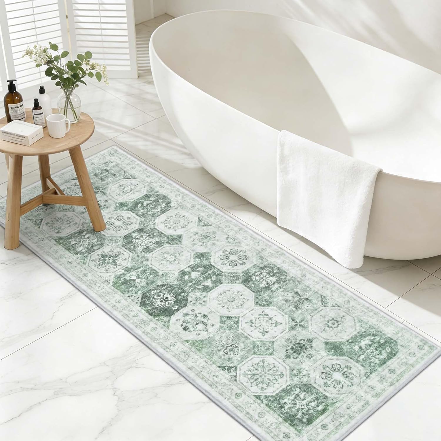Yinhua Green Bathroom Runner Rug, 18x47 Inch Boho Long Bathroom Rug Runner, Vintage Absorbent Non Slip Bath Mat Soft Shaggy, Distressed Quick Dry Bath Rugs for Sink Shower Bathtub