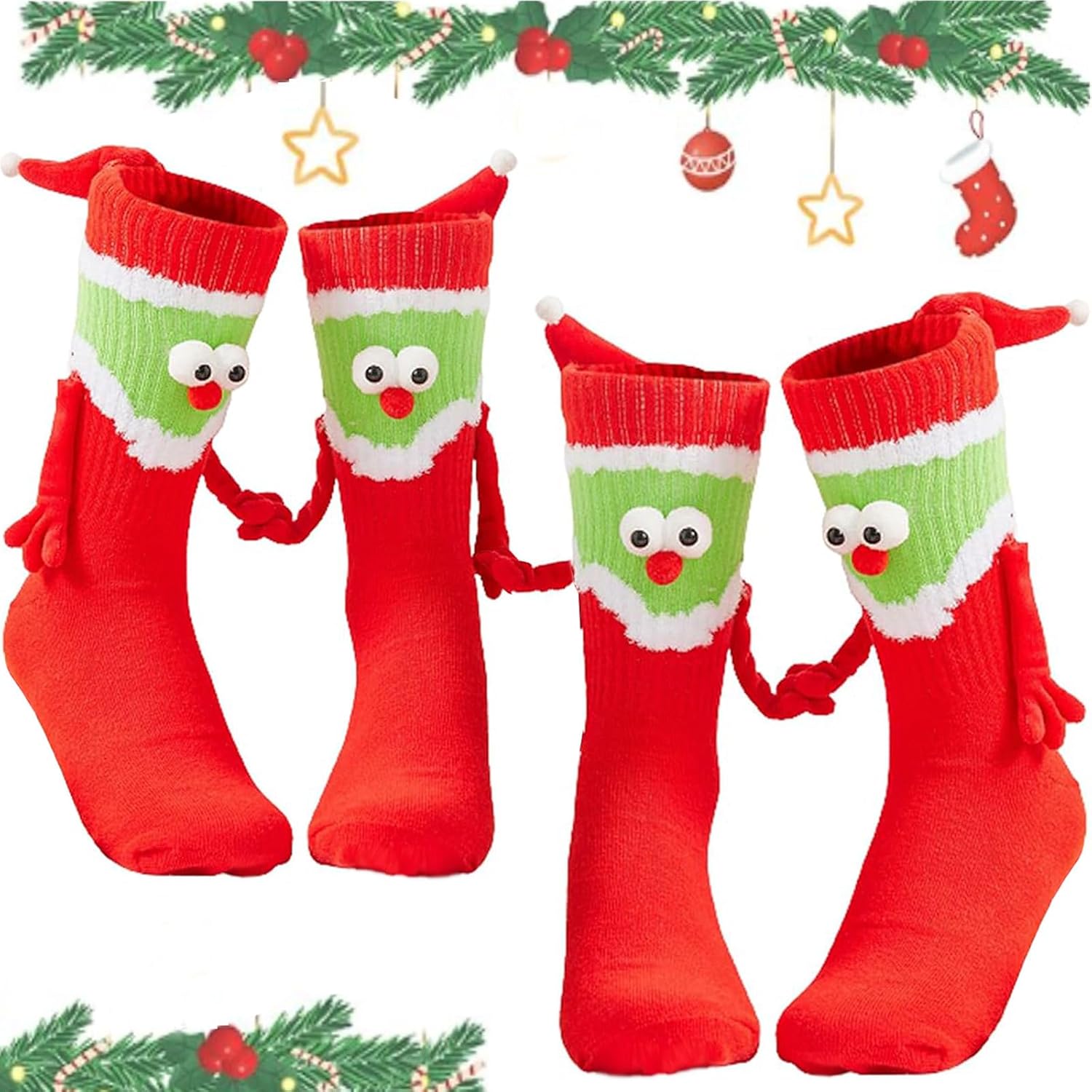 2 Pairs Novelty 3D Hand Holding Socks Christmas Stockings, Funny Holiday Couple Silly Gift