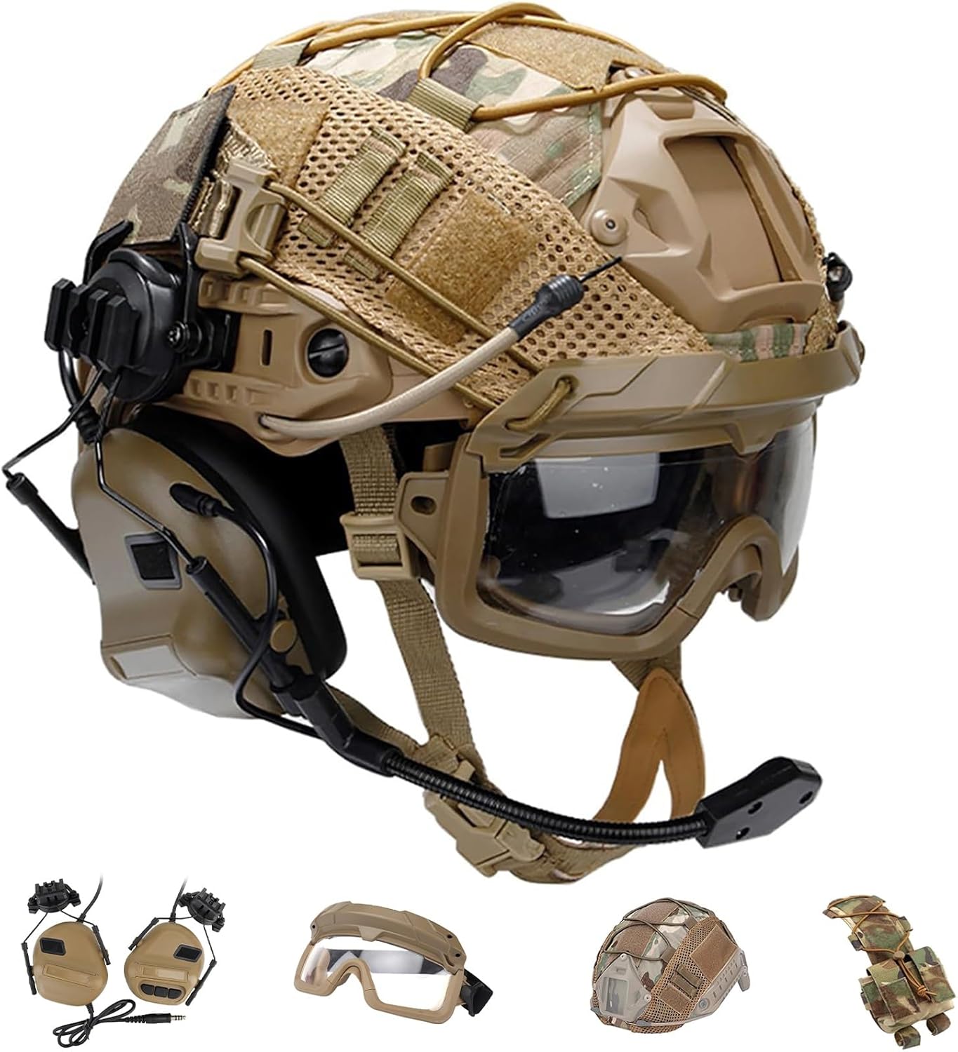 Adjustable Fast Airsoft Helmet Set with Tactical Headset, Paintball Protective Goggles, Detachable Helmet Cover Outdoor Military Gear