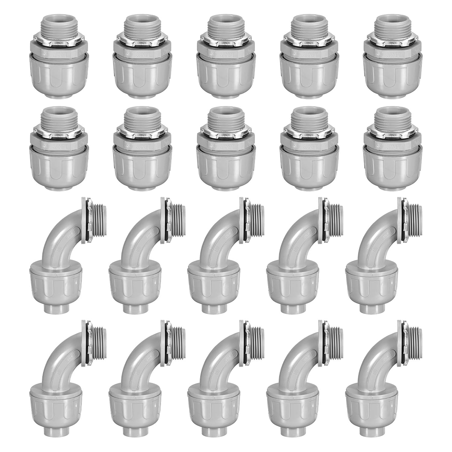 MECCANIXITY 30pcs 3/4" NPT Liquid Tight Connector PVC Electrical Conduit Fittings Flexible 180 Degree and 90 Degree for Tube
