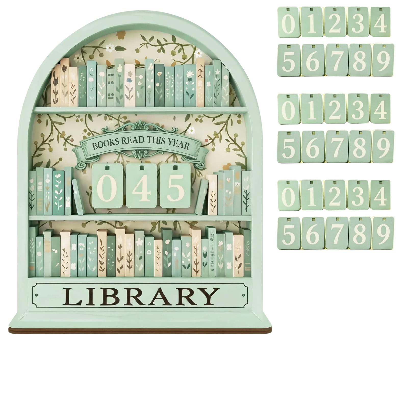 Larfraecy Wooden Books Read This Year Counter Light Green Shelf Decor with 30 Number Tiles Bookish Gifts for Book Lovers Students Friends