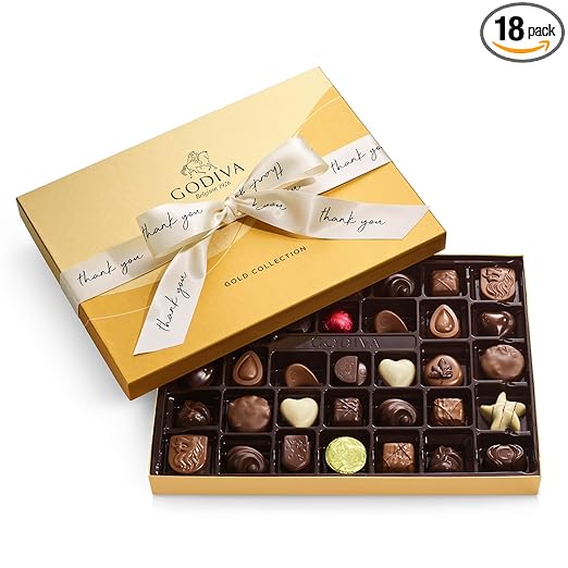Godiva Chocolatier Thank You Ribbon 36-Piece Assorted Chocolate Gift Box – Gourmet Chocolate Candy Variety Pack – Dark Caramel, Milk Chocolate, Nuts– Gift Basket Father’s Day, Birthday and Anniversary