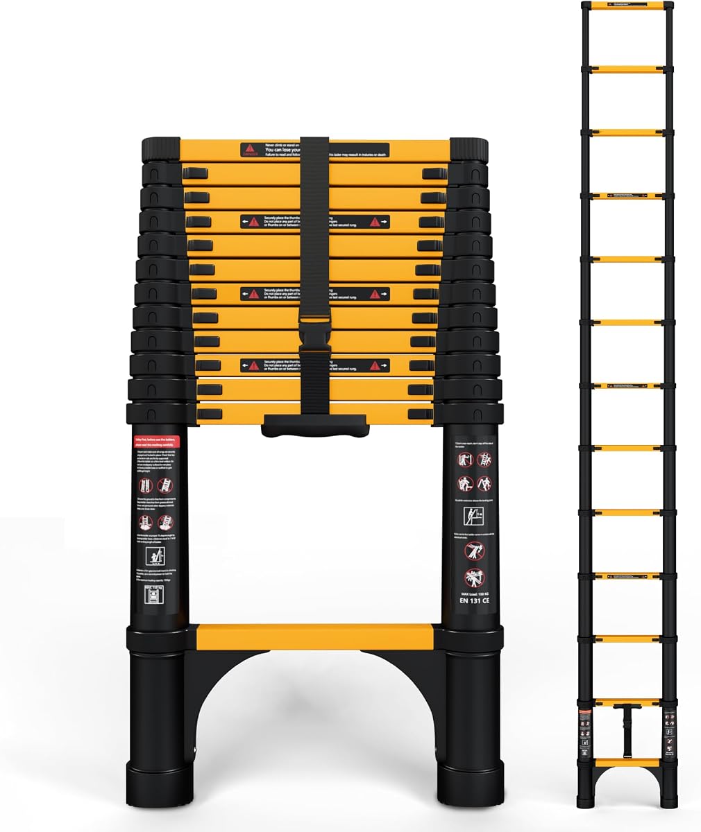Telescoping Ladder, 12.5 FT, 330 lbs Capacity; Yellow | ANSI Certified, Straight Extension Ladder; Collapsible Multi-Purpose for Home, Roof and RV