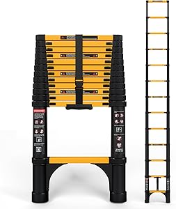 12.5 FT Telescoping Ladder, ANSI Certified, Type IA Heavy Duty, 330lbs Max Capacity, Aluminum Extension Ladder for Home, Roof, RV; Yellow