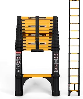 SINMEIRUN Telescoping Ladder, 12.5 FT, 330 lbs Capacity; Yellow | ANSI Certified, Straight Extension Ladder; Collapsible Multi-Purpose for Home, Roof and RV