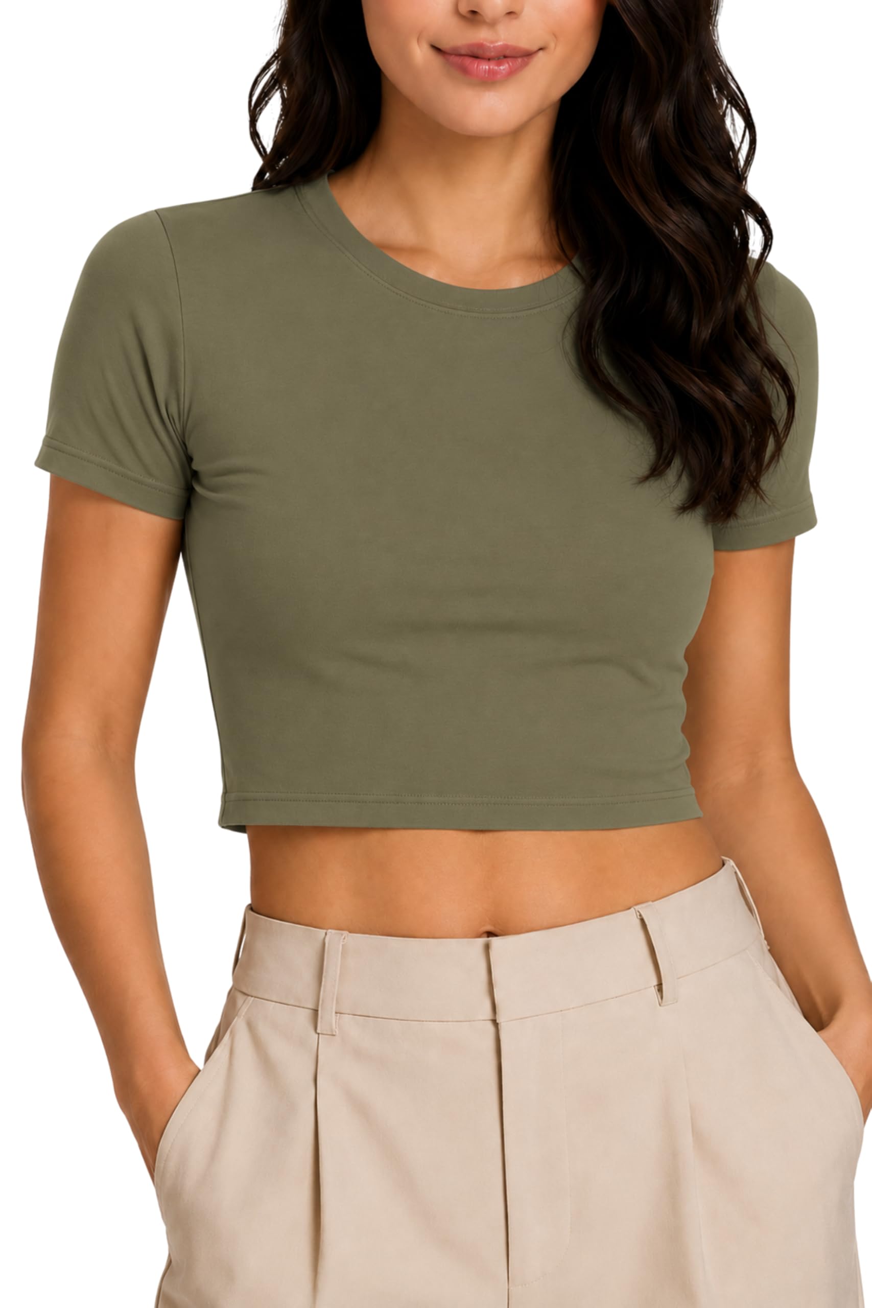Re Tech Uk Women's Khaki - Basic Short Sleeve Stretchy Crop Tops For Slim Fit Crew Neck, Cropped T Shirt, Summer, Cute, Tshirt, Sizes 8-14 (S/M 8-10, )