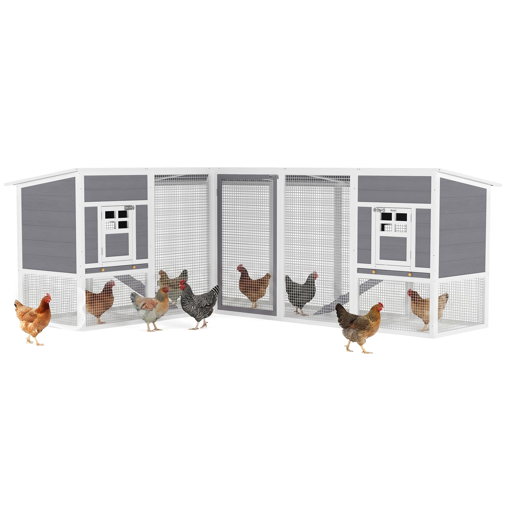 PawHut Gallinero de Madera Grande Exterior, Jaula para Gallinas en L para Esquina, 2 Nidos, Corral, Bandejas Extraíbles, Techo de Pet, Rampas, 251x192x103 cm, Gris