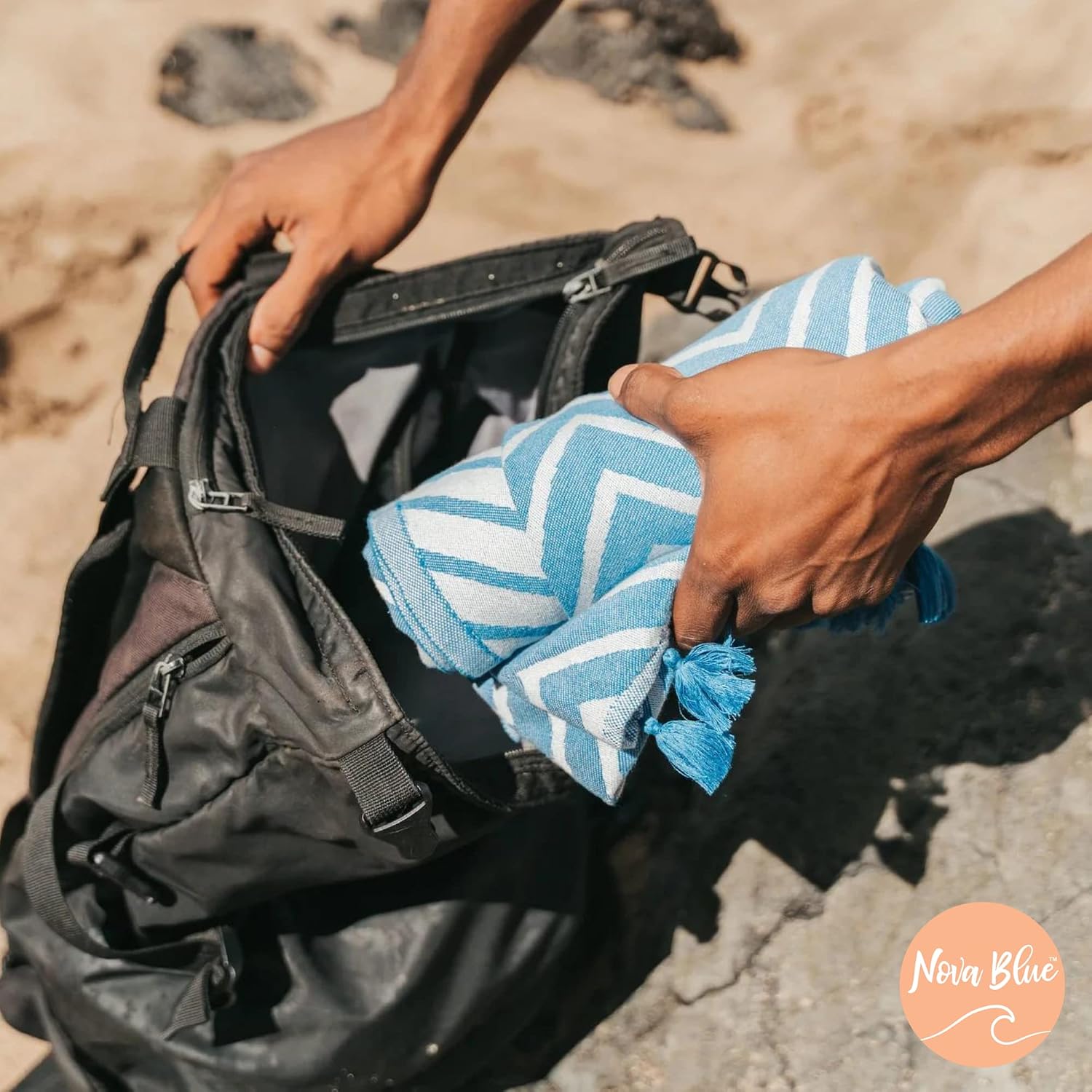 Nova Blue Turkish Beach Towel (37 x 69) – Blue Zigzag Beach Towel, 100% Turkish Cotton - Travel Towel & Blanket with Unique Patterns - Absorbent, Sand Free Beach Towel