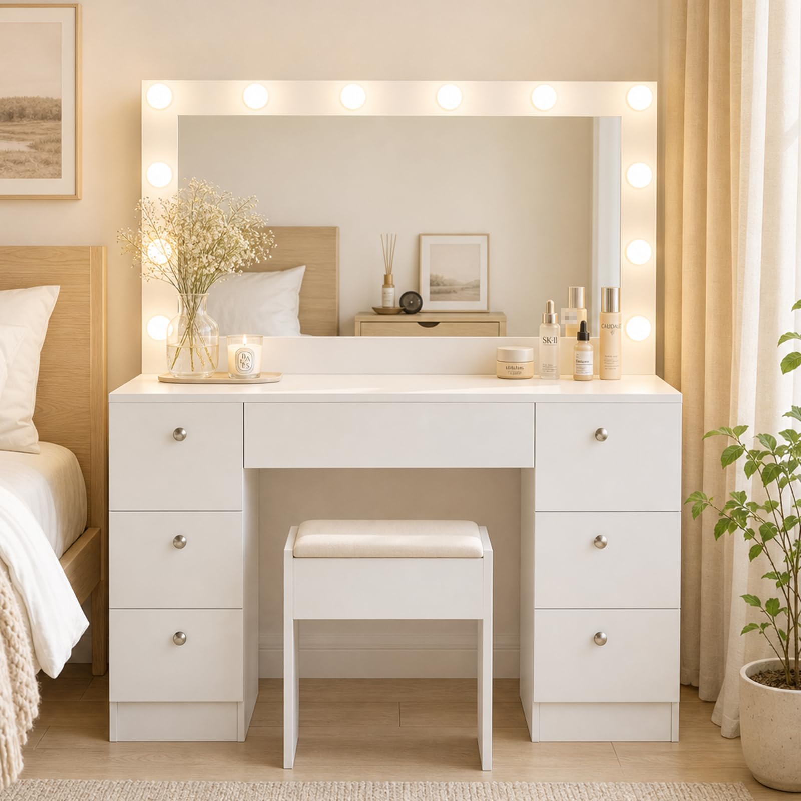 Tavolo da toeletta con illuminazione, specchio e sgabello, 7 cassetti