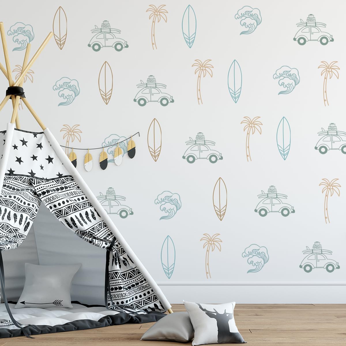 Retro Surfer Theme Wall Sticker, Ocean Wall Decals, Boys Beach Room Decals，Palm Tree Sun Decoration, Peel and Stick Removable Vinyl Underwater Wall Sticker, Kids Bedroom Nursery Room Decoration.