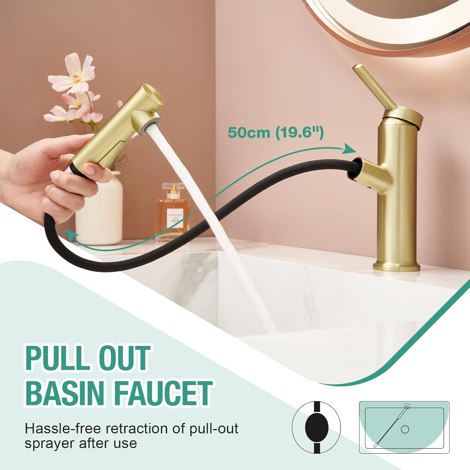 Faustina Light Gold Bathroom Faucet with Pull Out Sprayer, Gold Vanity Faucet for Bathroom or Laundry, Stainless Steel Single Handle with Deck Plate for 1 or 3 Hole, Brushed Finish