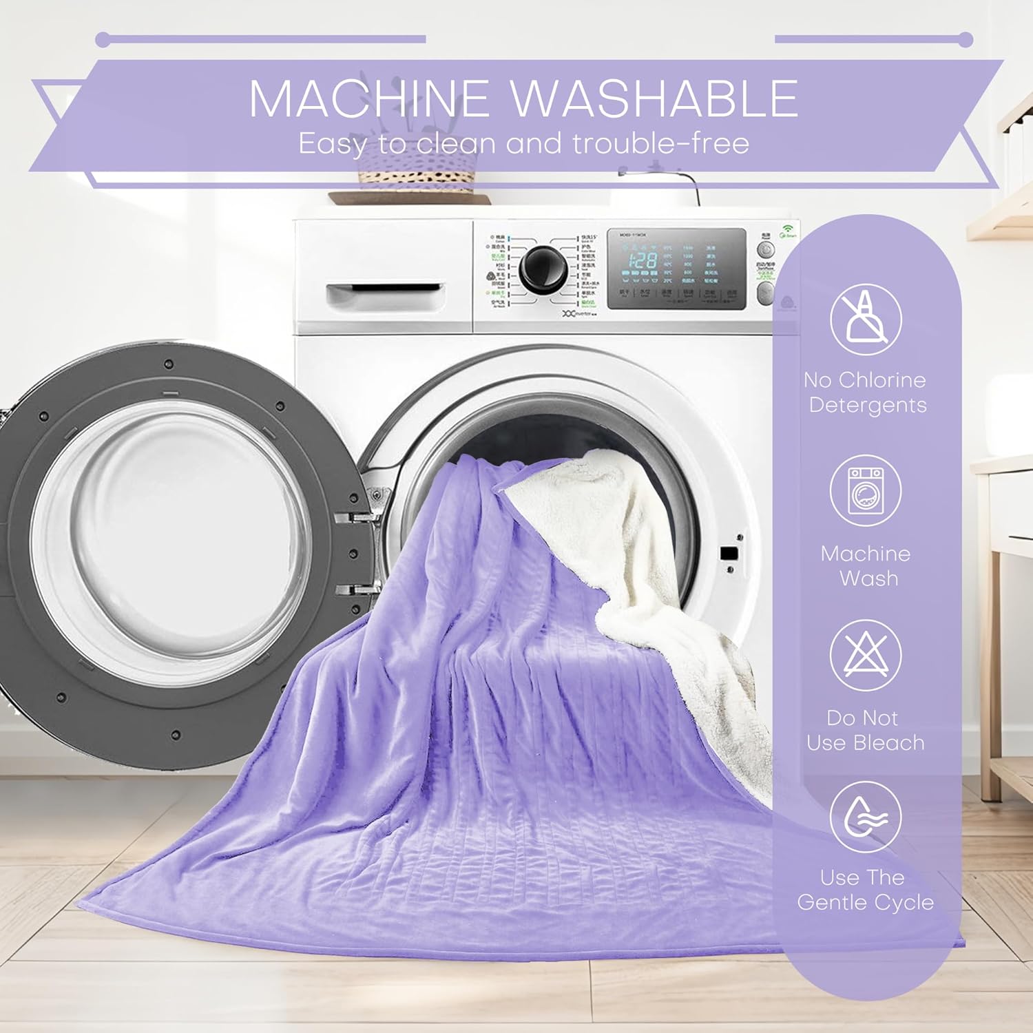 Electric Heated Blanket Queen Size 84"x90" - Coral Fleece & Sherpa Fabric Dual-Sided, 4 Heat Settings & 10 Hours Auto Off, Soft Warming Throw for Home, Office, or Bed, Machine Washable, Light Purple - Image 5