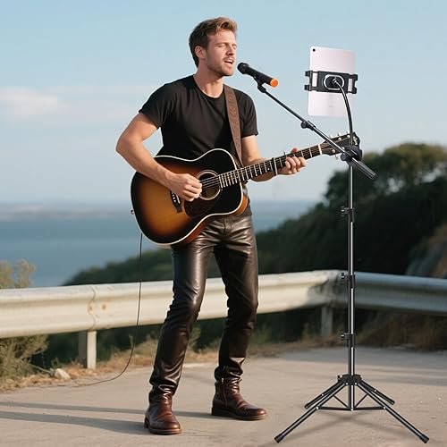 Miniatura 4 de Soporte de micrófono, soporte de micrófono de piso con soporte para teléfono y tableta, altura ajustable, soporte de cuatro patas, brazo de cuello