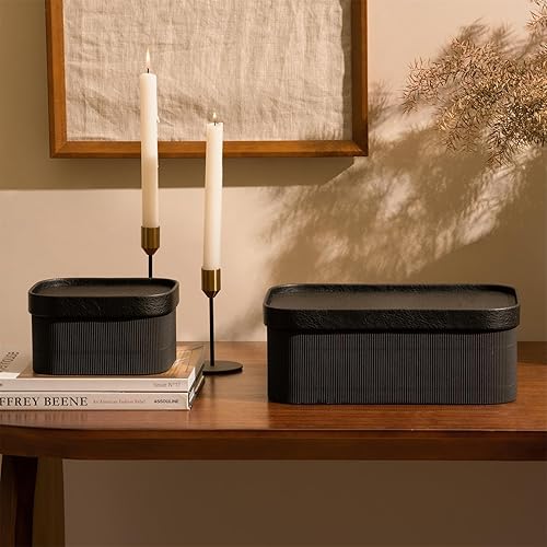 Miniatura 26 de LA JOLIE MUSE Cestas de almacenamiento de cartón estriado con tapas similares a la piel, resistentes cajas de papel apilables bandeja decorativa