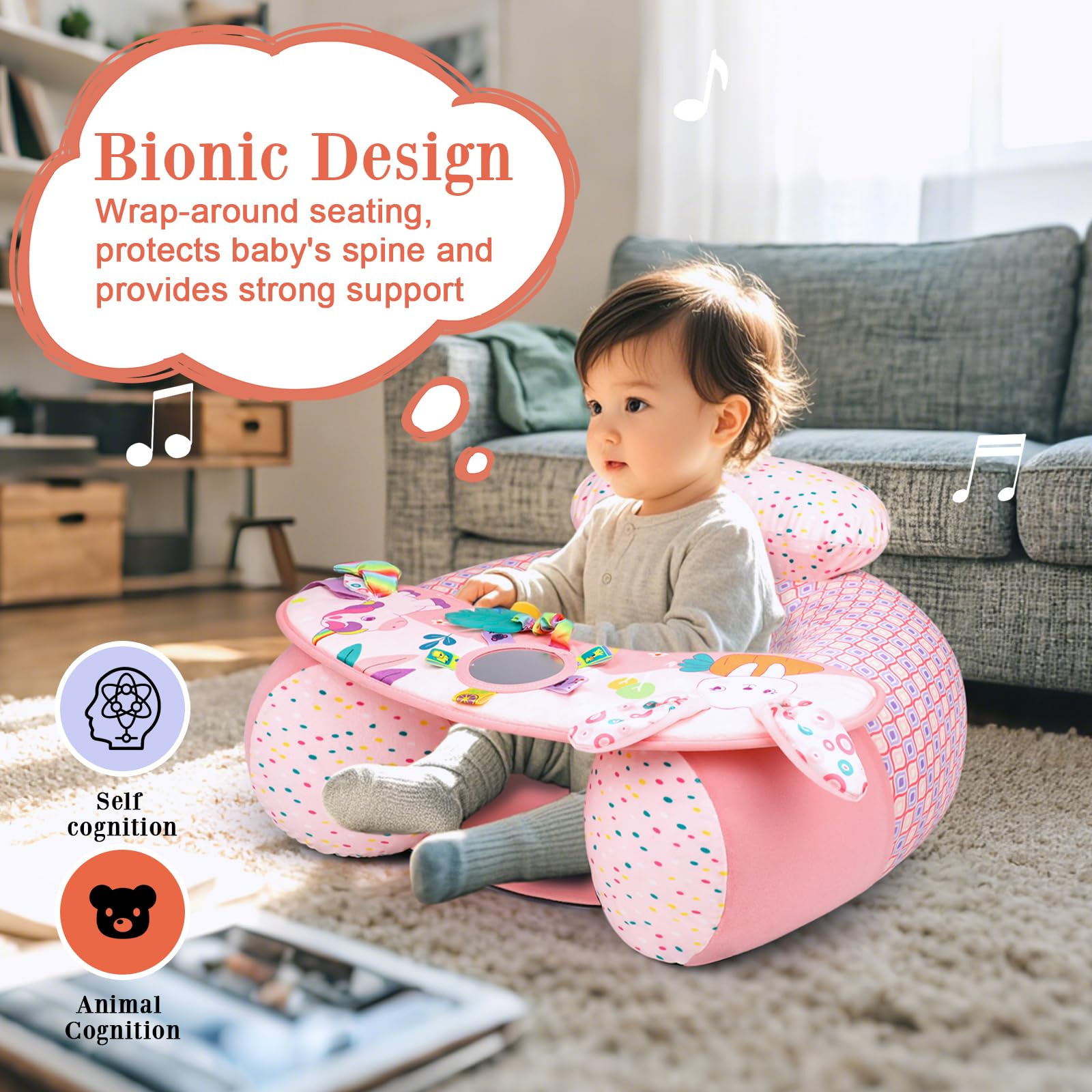 Blublu Park Baby Inflatable Seat with Cover for Babies 3-36 Months, Portable Baby Chair Sit Me Up Floor Seat with Detachable Activity Sensory Tray, Baby Seats for Sitting up, Unicorn