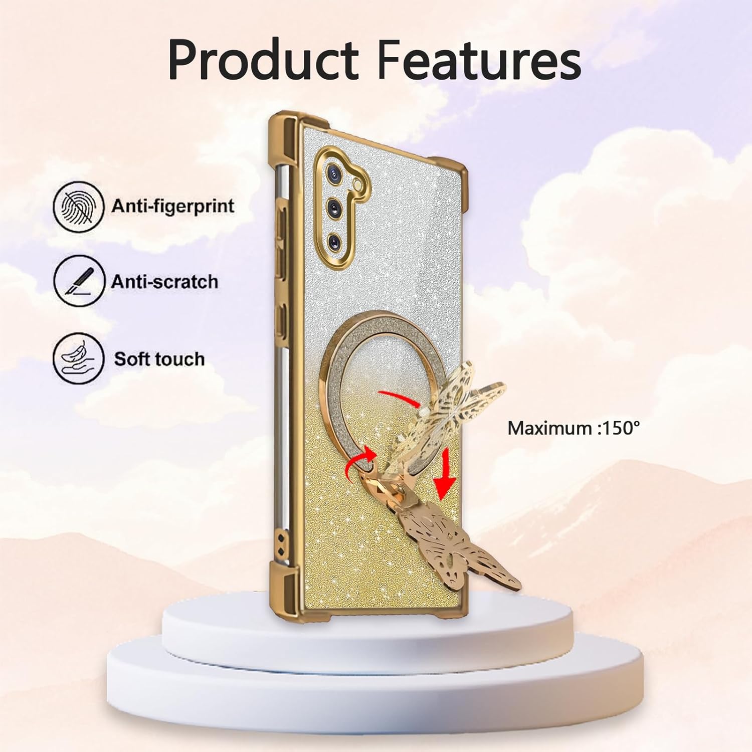 for Galaxy Note 10 Case with Butterfly Stand Compatible with Magsafe, Women Girls Bling Luxury Glitter Clear Phone Case Shockproof Protective Cover for Samsung Galaxy Note 10, Gold - Image 2