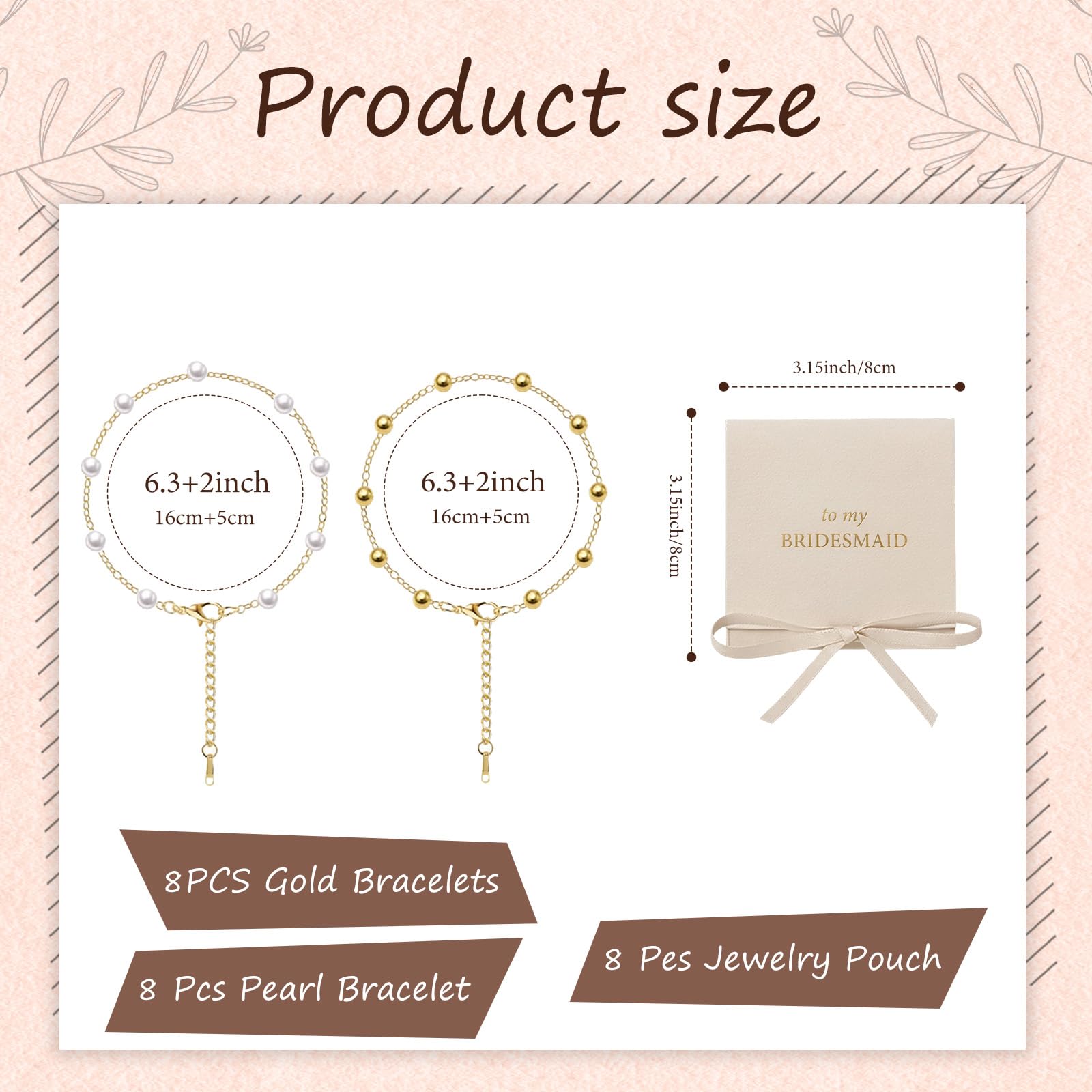 Dreamfox 24PCS 8 Set Bridesmaid Gift Pearl Bracelets for Women 18K Gold Bracelets Bulk Surgical Stainless Steel Bridesmaid Jewelry for Wedding Party Favor