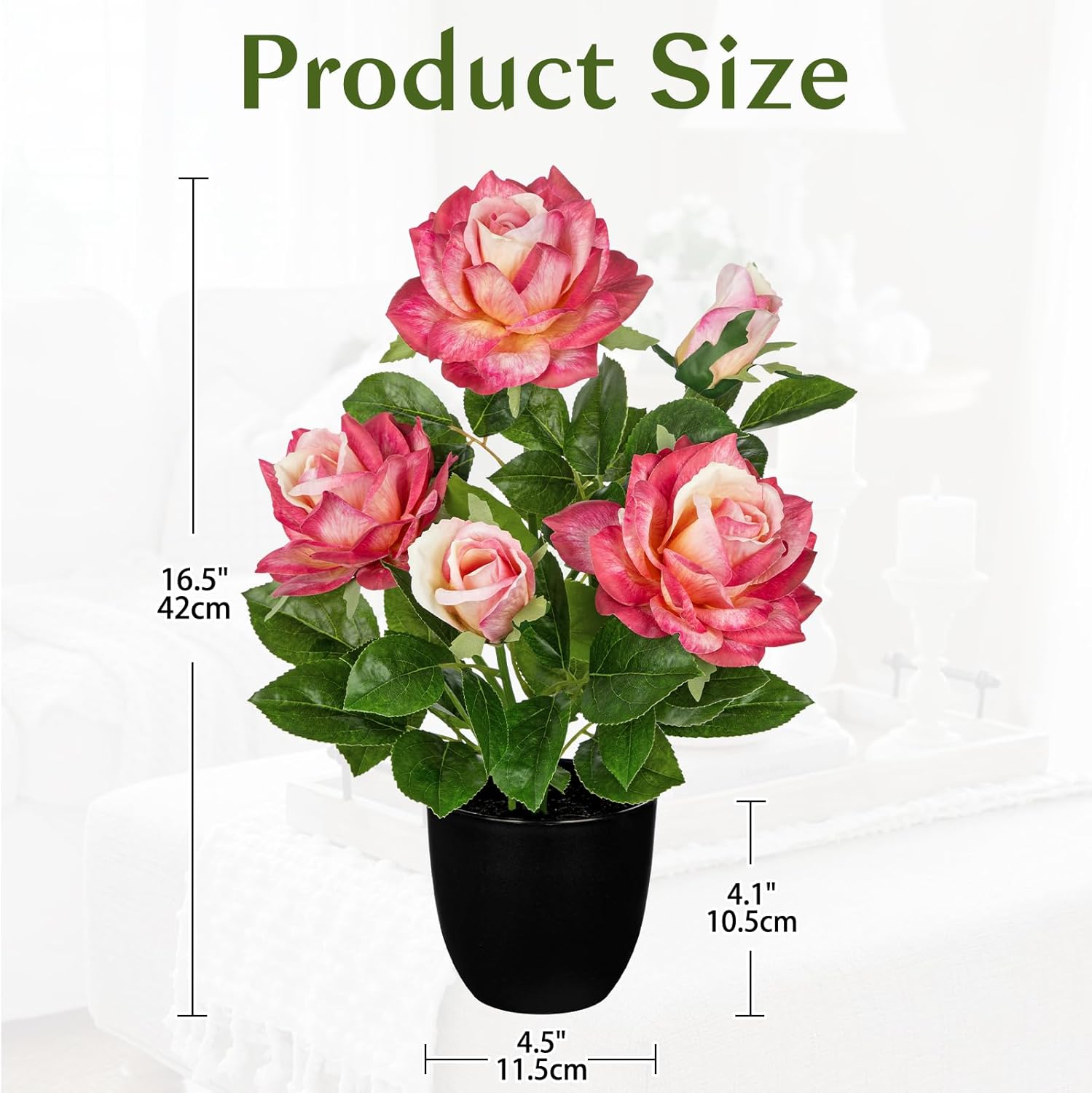 16.5" Roses Artificial Flowers in Pot, Hot Pink Fake Rose Flowers Arrangement with 3 Blooms 2 Buds, Decorative Potted Floral Centerpieces for Home Table Office Desk Kitchen Counter Farmhouse Decor