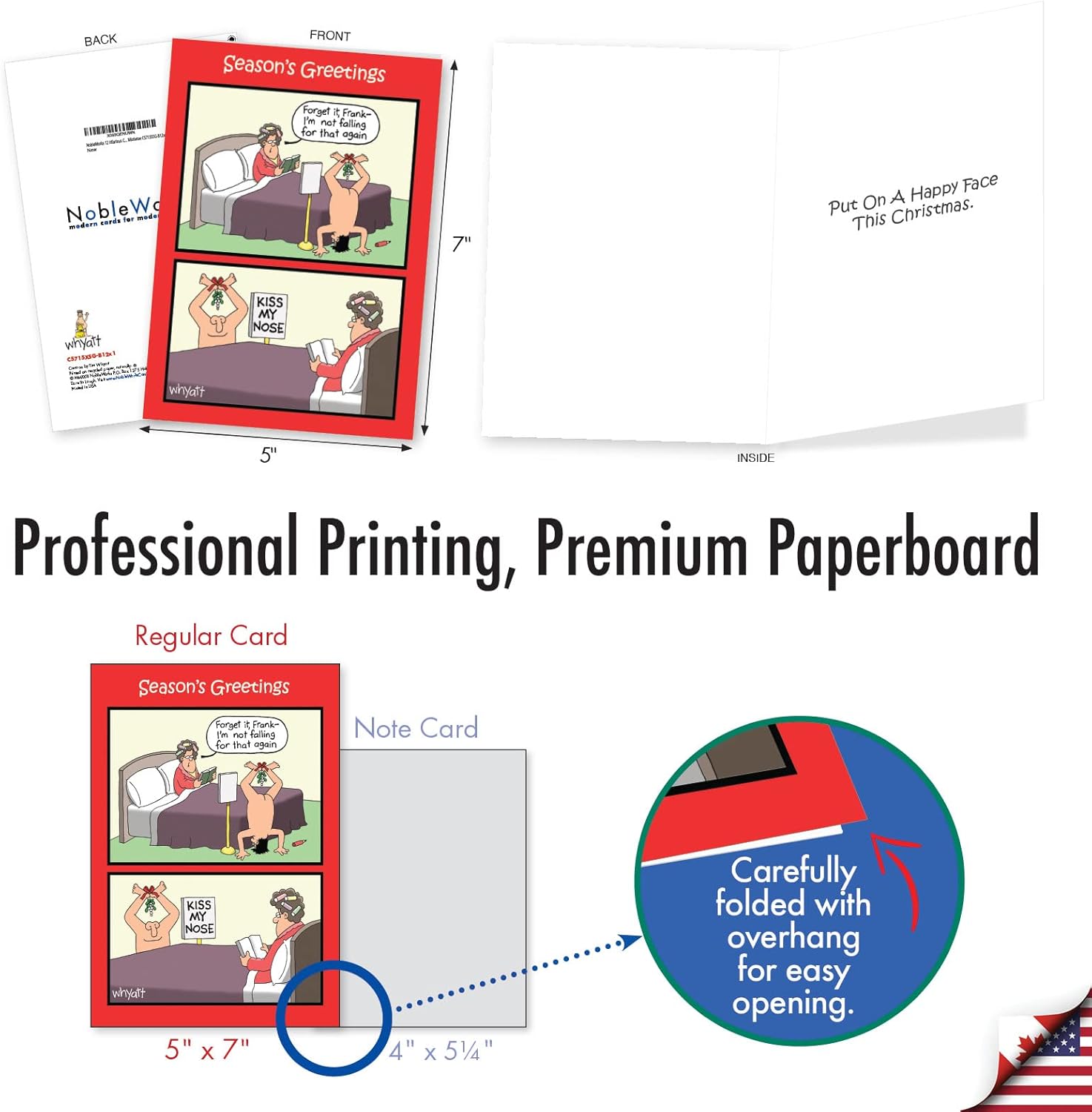 NobleWorks 12 Hilarious Christmas Greeting Cards Box Set w/ 5 x 7 Envelopes For Men, Women, Adults (1x12 Design) Kiss Nose Mistletoe C5715XSG-B12x1