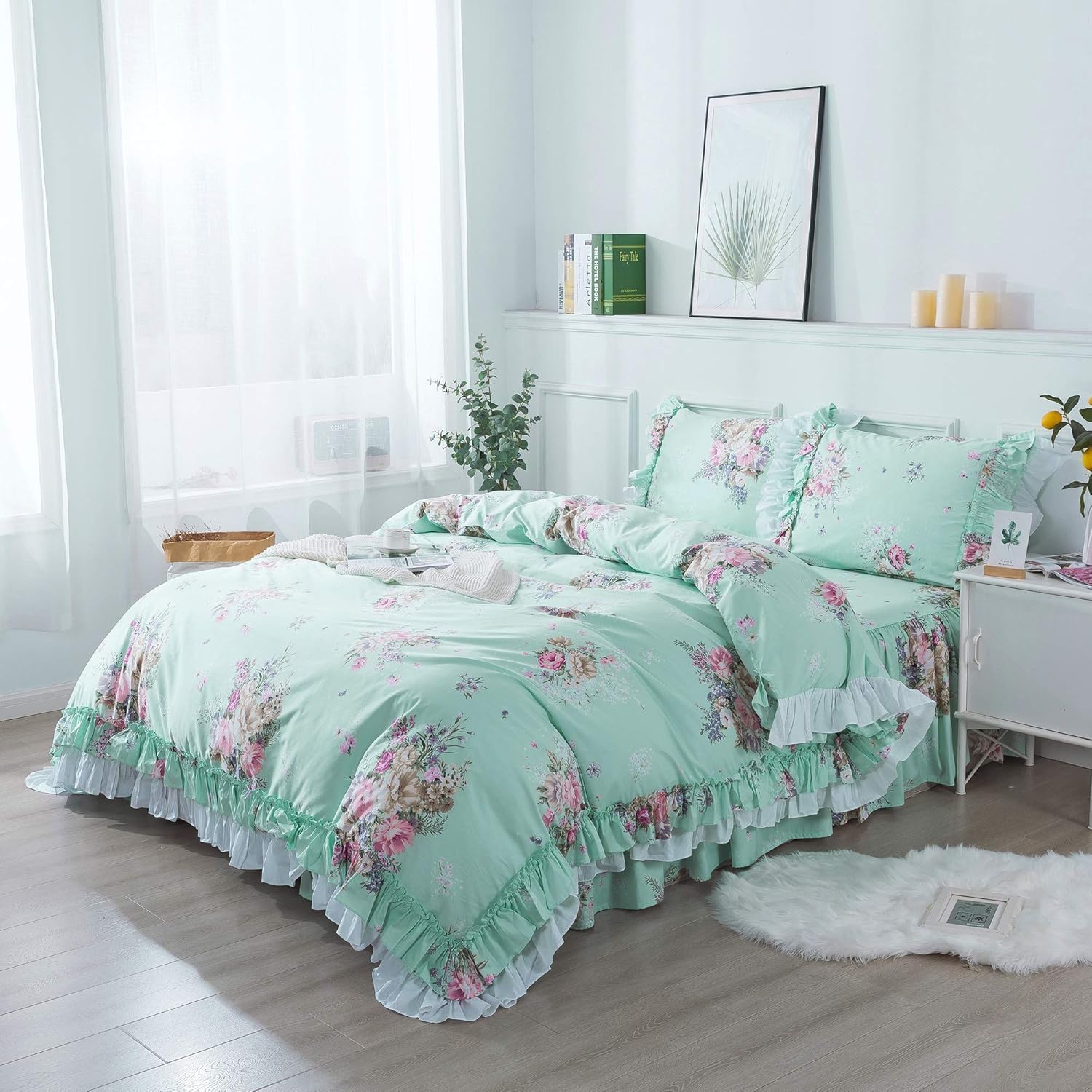 ABREEZE Green Floral Duvet Cover Set Queen Super Soft Women Girls Bedroom Decor Bedding Set Romantic Floral Bed Covert Collection Princess Ruffle Quilt Cover Set for Girls 3 Pieces
