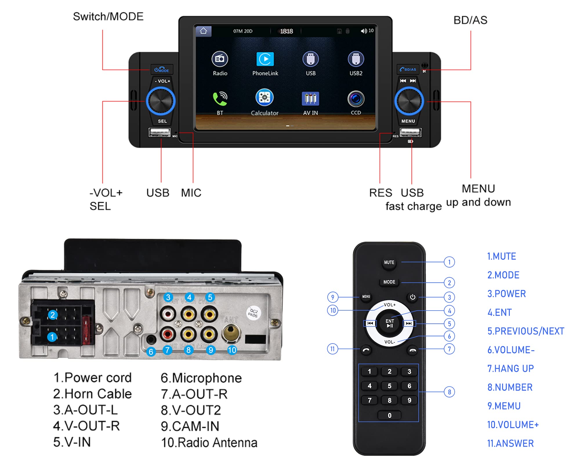CAMECHO Autoradio, 1 Din Wireless Carplay met 5 inch HD-scherm