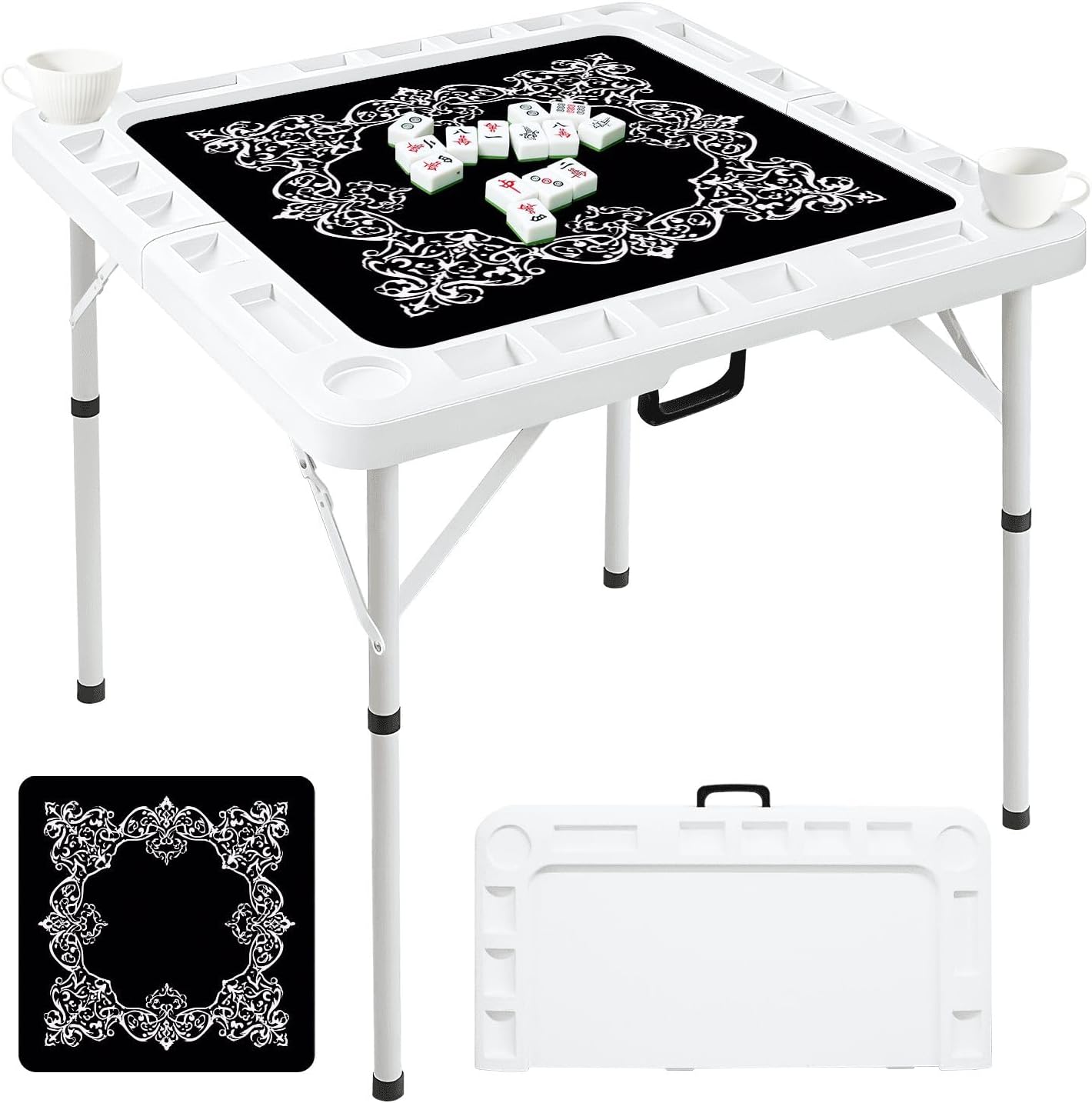 Folding Mahjong Table with Ornate Baroque Floral White Frame Intricate Swirls Curves Wear-Resistant Mahjong Mat, 4 Cup Holders & Chip Trays for 4 Players Square Portable Card Table for Poker Domino