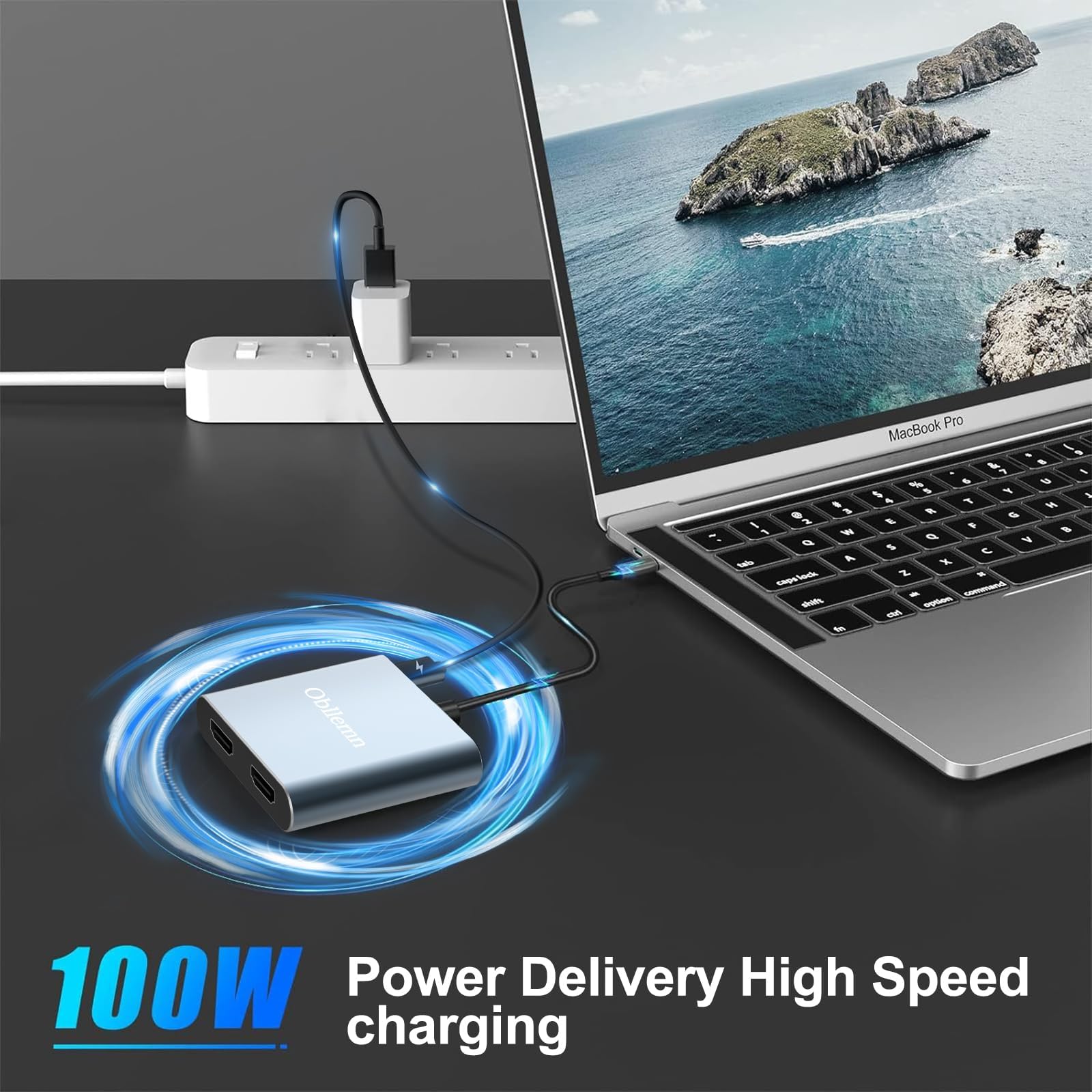 USB C a Dual HDMI Adapter 4K@60Hz, USB C Hub 4 in 1 Adapter con 2 HDMI 4k, USB 2.0, 100W PD, Compatible con MacBook/MacBook Pro Air/DELL/Samsung Galaxy