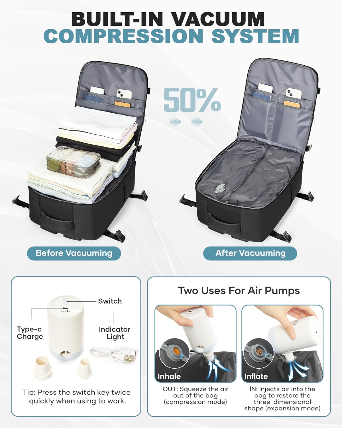 coofay large vacuum backpack travel with pump vacpack travel backpack with vacuum system compression backpacks for travel easy vac pack carry on luggage x-large-vacuum a-black