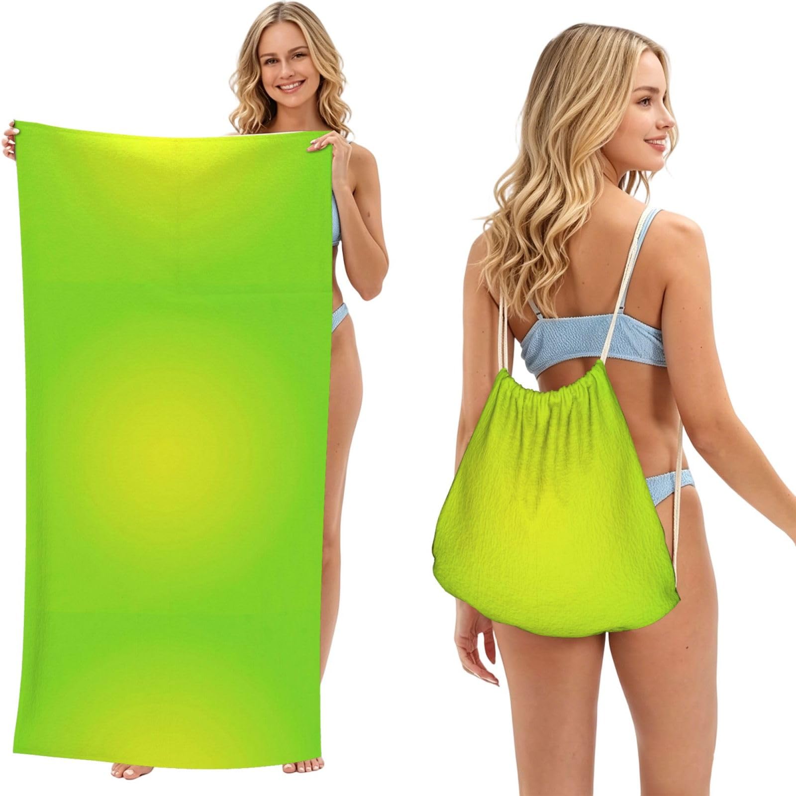 Poadnly As Picture Lime Green, 2 In 1 Packable Towel Bag, Beach Towels With Drawstring Backpack For Travel Holiday Camping