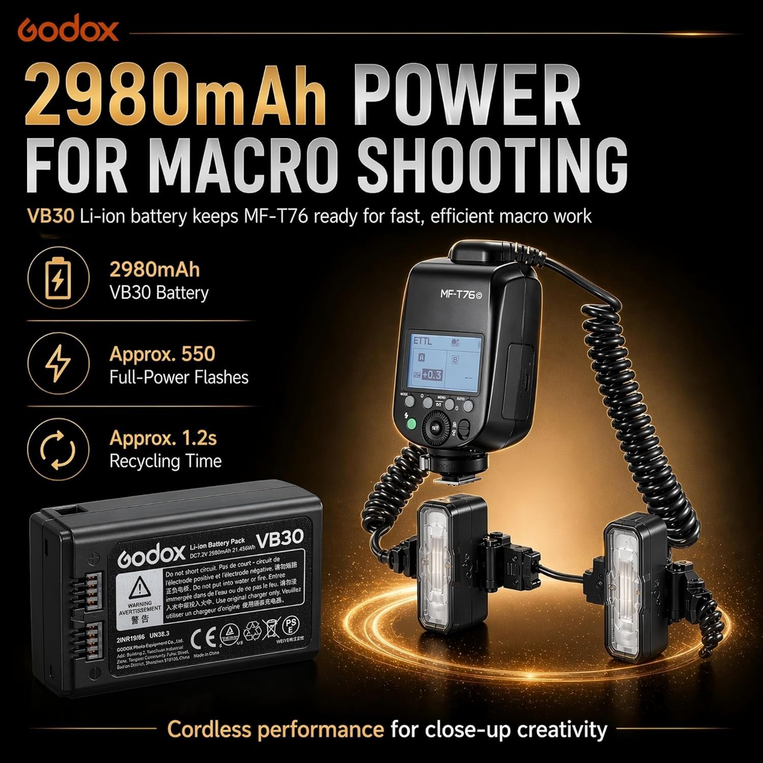 Godox MF-T76 S Macro Twin TTL lampa błyskowa do kamer Sony, 76Ws GN22,4 z HSS, ładowanie 1,2 s, 550 lamp o pełnej mocy, podwójne głowice regulowane 0°-150°, system X 2,4 GHz