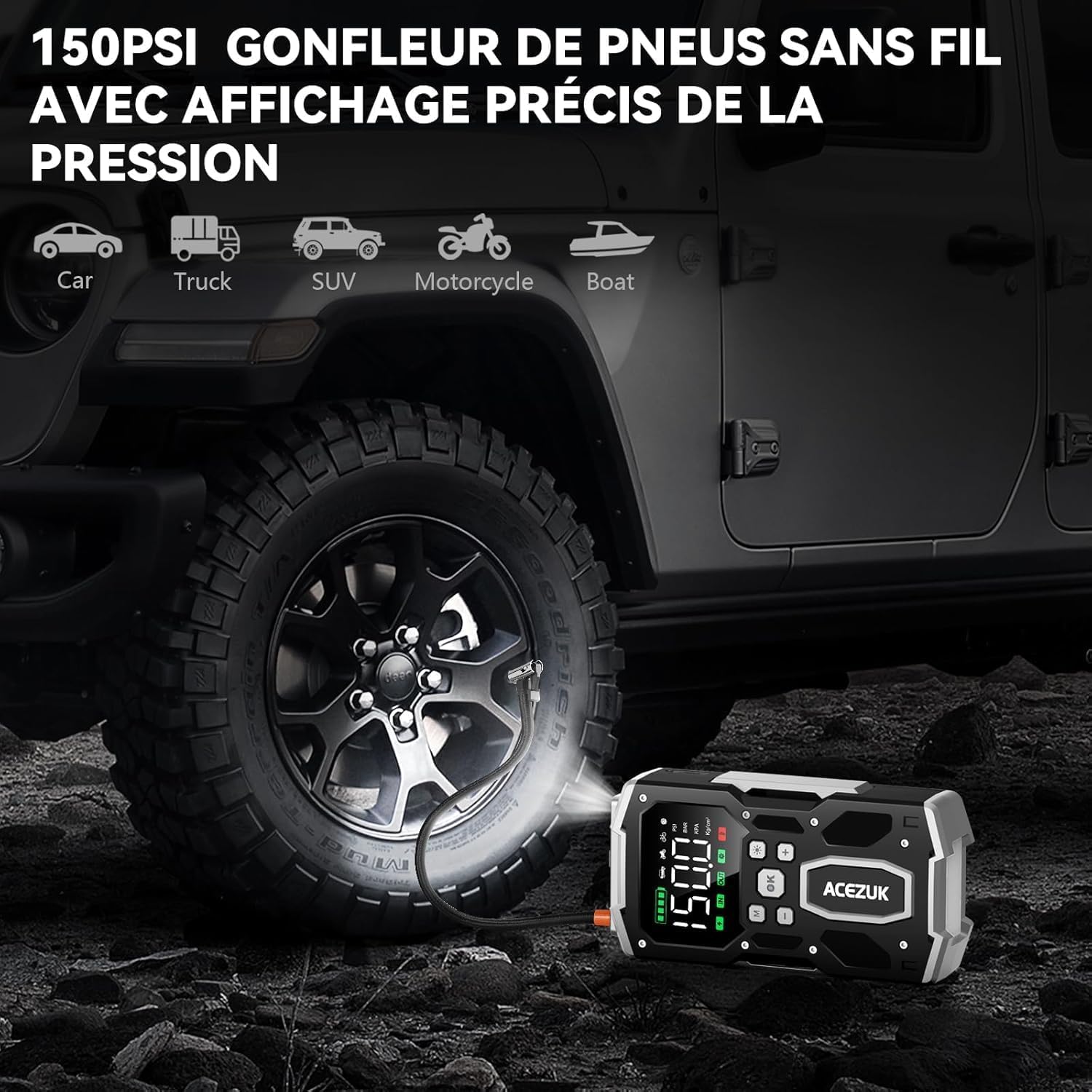 ACEZUK Booster Batterie Voiture 9000A, 150PSI Gonfleur Pneus Voiture, Démarreur avec Compresseur à Air, 12V Jump Starter pour Véhicule(Tout Gaz ou 10L Diesel), 400 Lumens LED