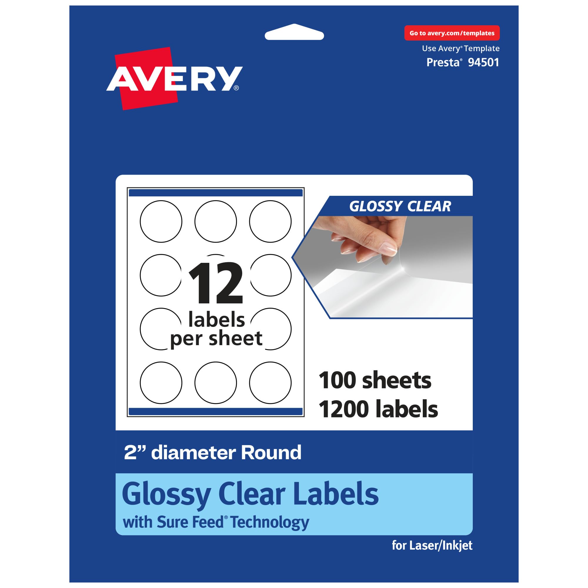Avery Etichette rotonde trasparenti lucide con alimentazione sicura, diametro 5,1 cm, 1.200 etichette trasparenti lucide, etichette stampabili a bordo, etichette stampabili a laser e a getto