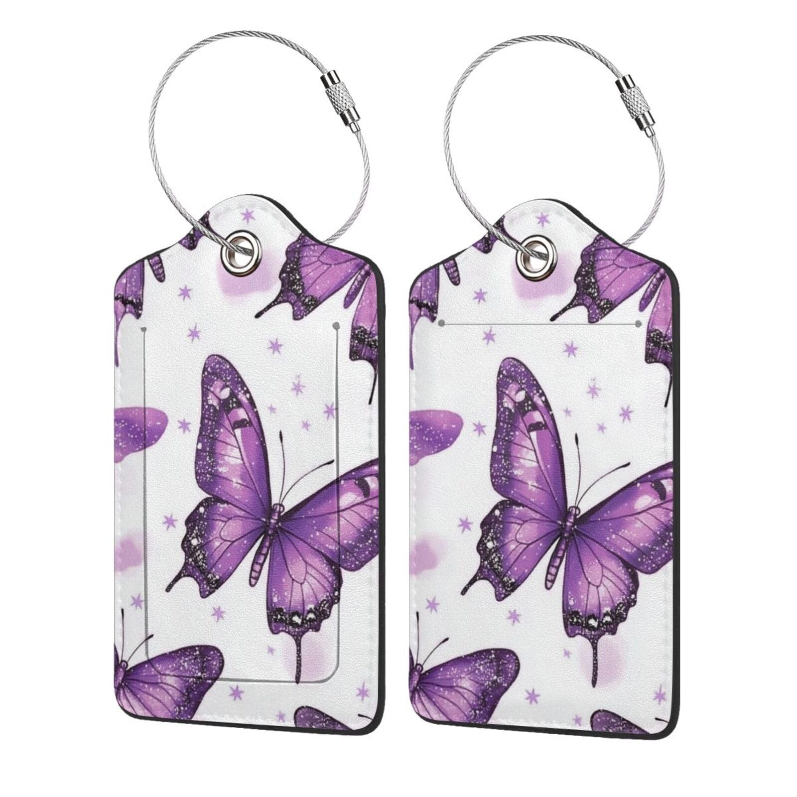 4 etichette per bagagli in pelle PU per valigie, etichette per bagagli con farfalla viola sognante con anello in acciaio inossidabile, etichetta identificativa per la privacy, per donne e uomini