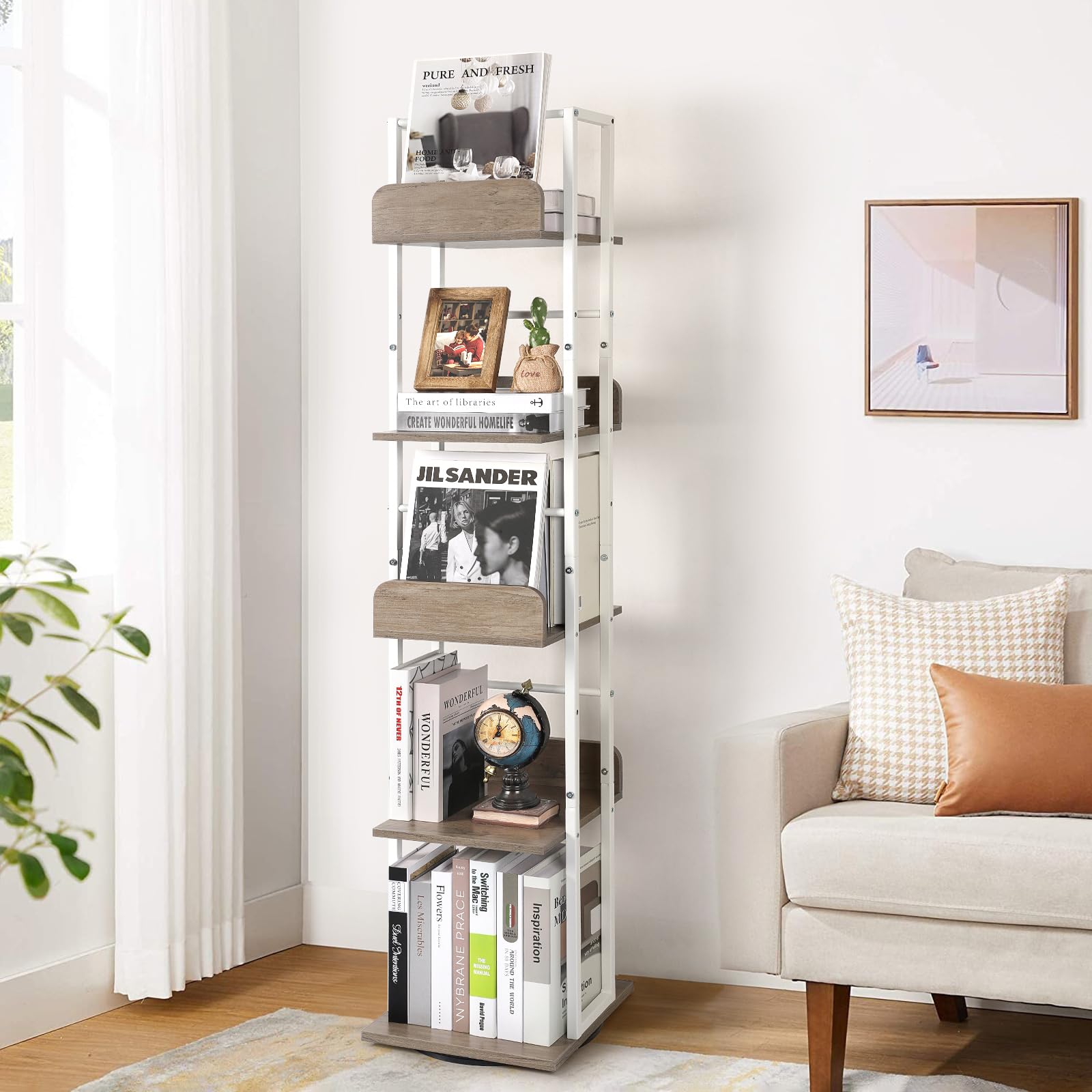 Bikoney Estantería Giratoria de 5 Niveles, Librería de Esquina en Torre, Estantería Alta y Estrecha de Estilo Industrial, Mueble de Metal para Salón, Oficina y Espacios Reducidos (Blanco y Gris)
