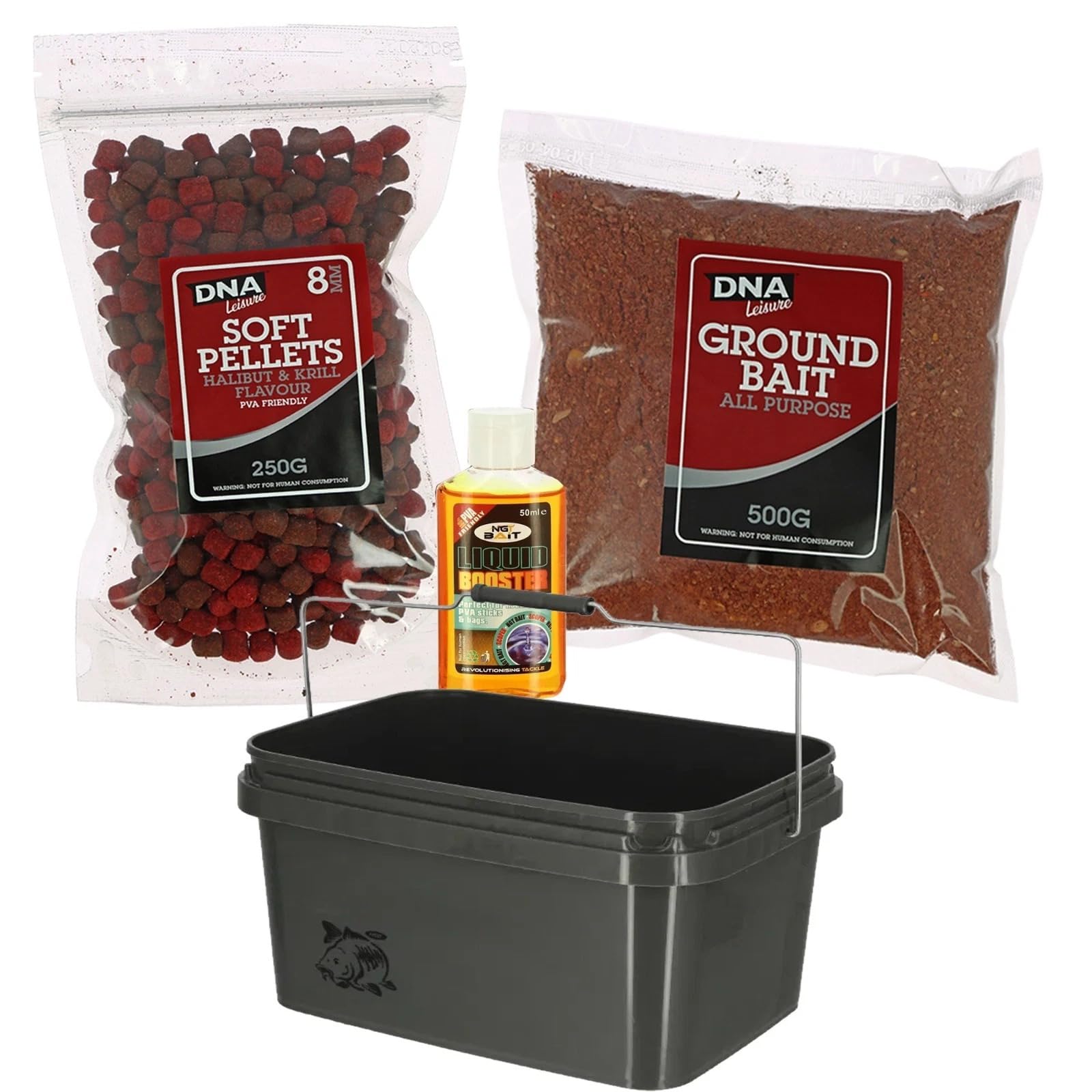DNA Leisure Coarse Fishing Bait Bundle Soft Pellets, 500g Groundbait & Liquid Booster – PVA Friendly Carp & Coarse Fishing Kit (5L Bucket)