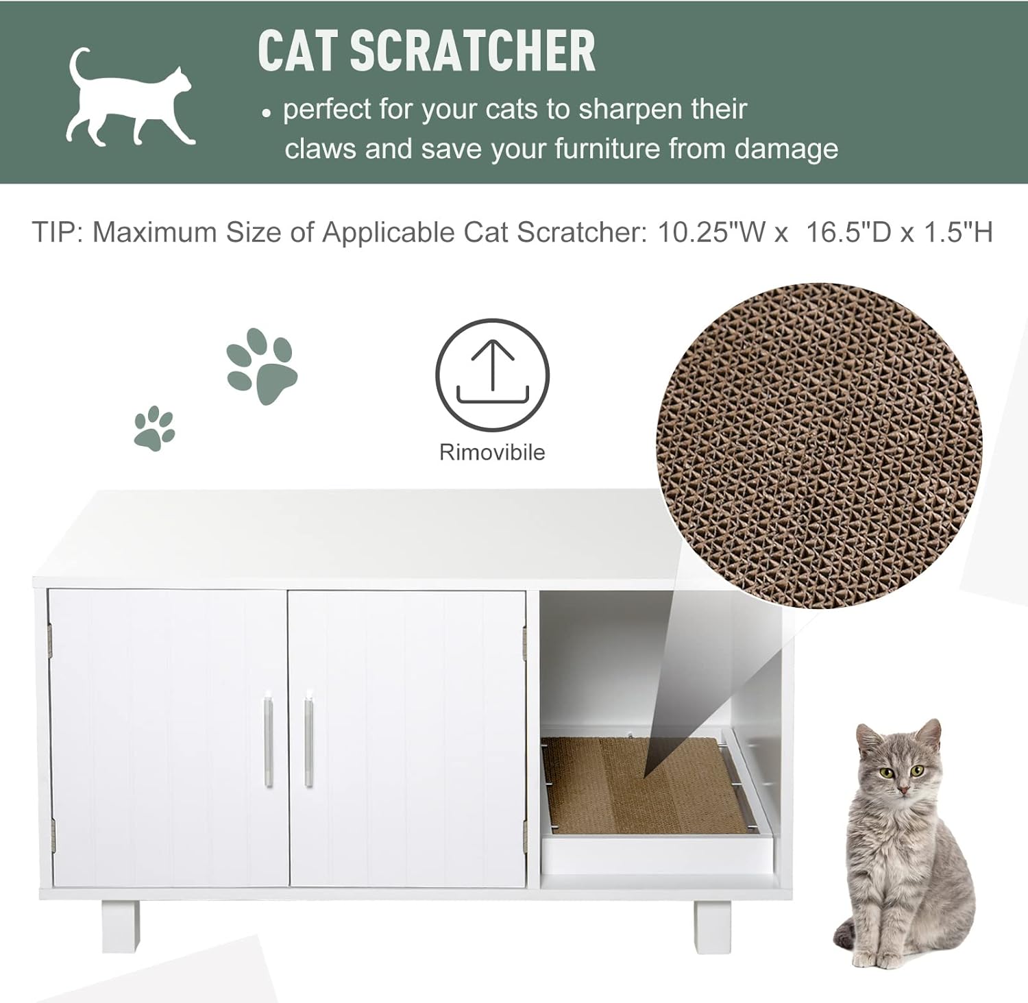 PawHut Wooden Cat Litter Box Enclosure & House, Kitty Hidden Washroom, with End Table Design, Scratcher, & Magnetic Doors, White